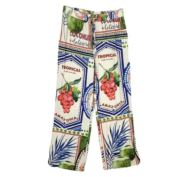 Nwot RACHEL ZOE Pants Women M Linen Tropical-Art Beaded-Tassels Multi Wide-Leg - Picture 1 of 12